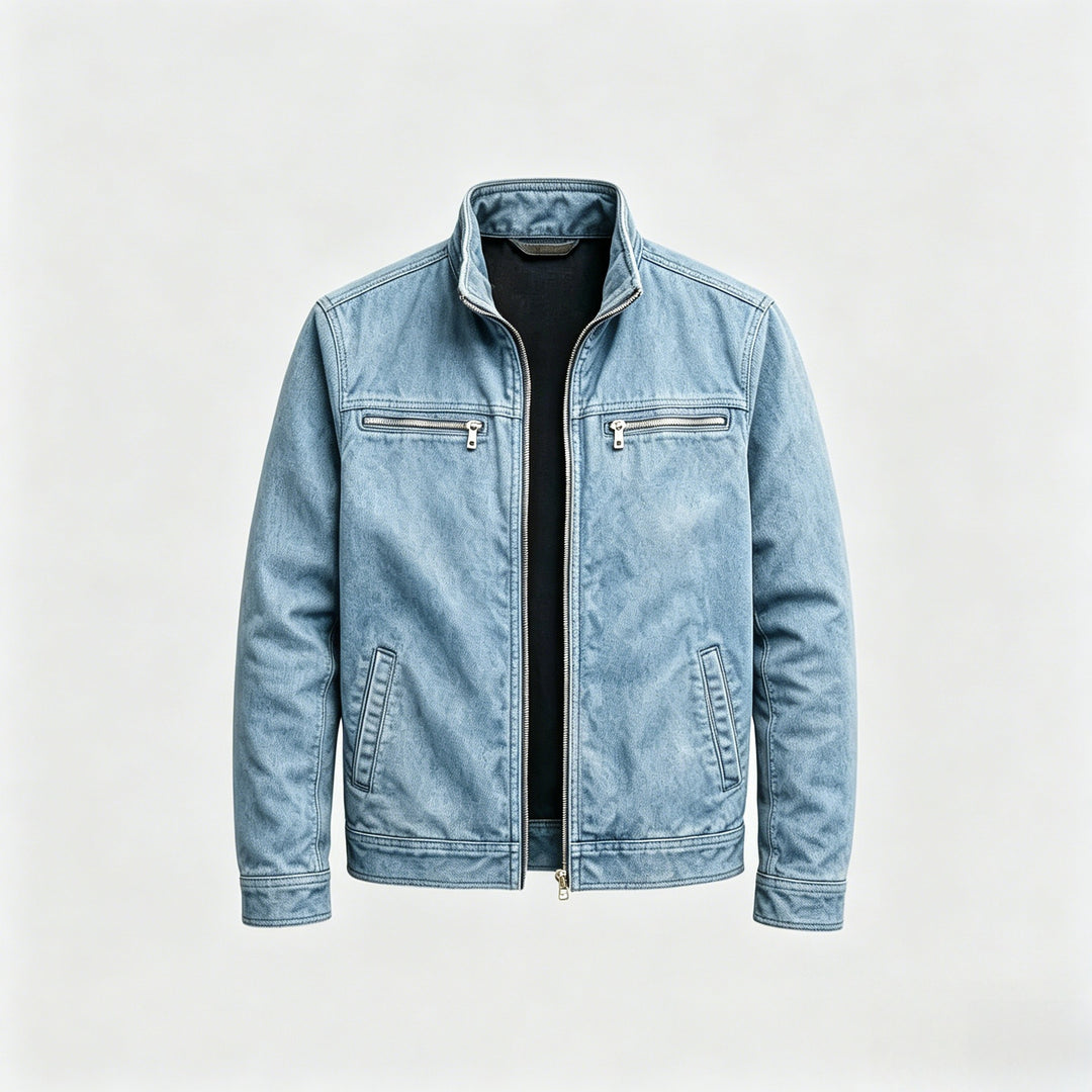 Blouson Corentin en coton lavé bleu denim, col montant et fermeture zippée, vu de face