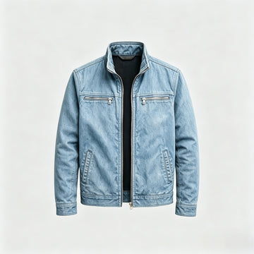 Blouson Corentin en coton lavé bleu denim, col montant et fermeture zippée, vu de face
