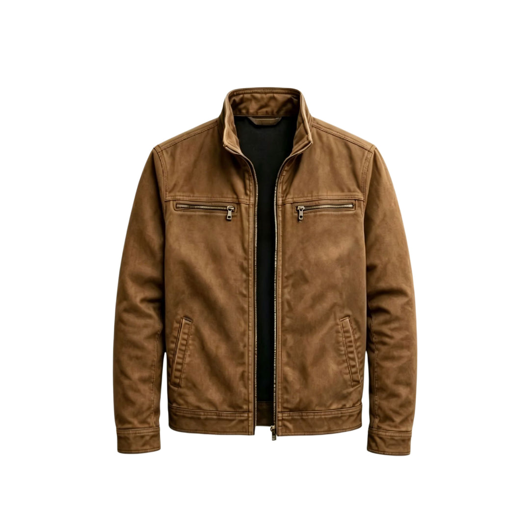Blouson Corentin en coton lavé marron, col montant et fermeture zippée, vu de face