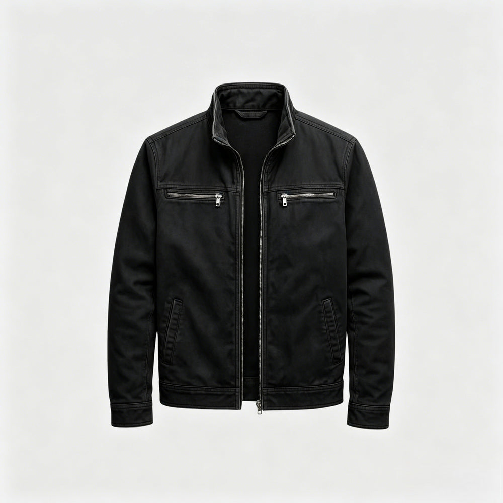 Blouson Corentin en coton lavé noir, col montant et fermeture zippée, vu de face