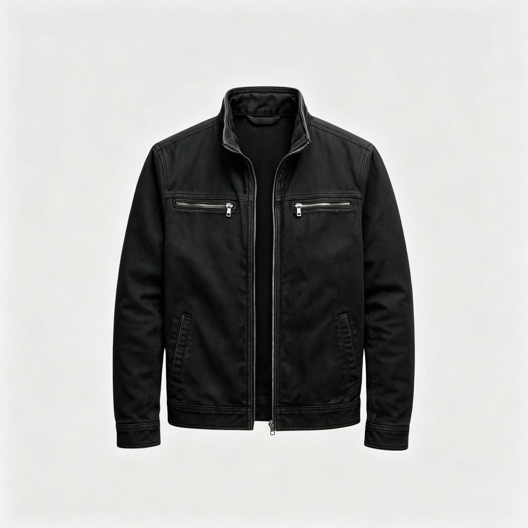 Blouson Corentin en coton lavé noir, col montant et fermeture zippée, vu de face