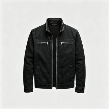 Blouson Corentin en coton lavé noir, col montant et fermeture zippée, vu de face