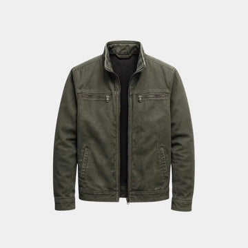 Blouson Corentin en coton lavé vert kaki, col montant et fermeture zippée, vu de face