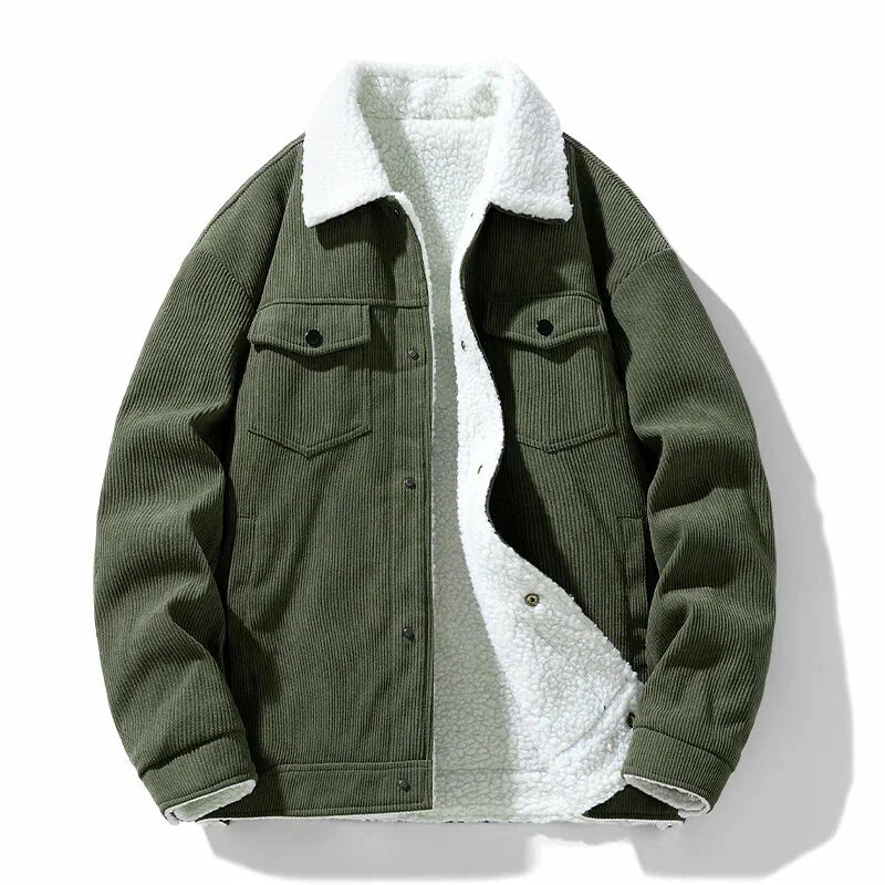 Green corduroy jacket with white sherpa lining on a white background