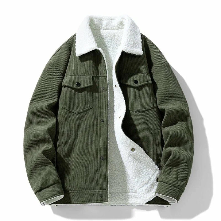 Green corduroy jacket with white sherpa lining on a white background