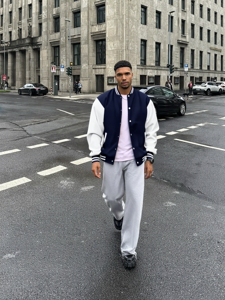 Man walking on a city street wearing a varsity jacket and gray pants.
