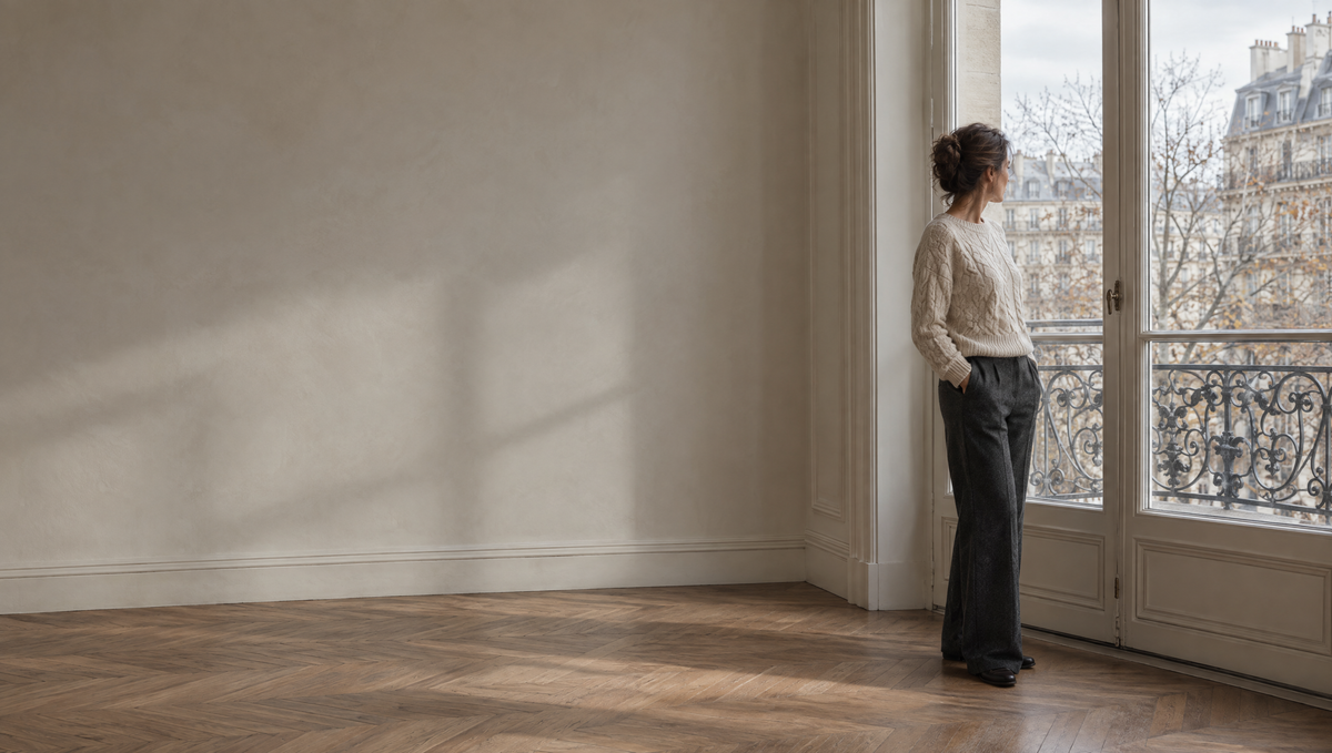Femme en pull en maille crème devant une fenêtre parisienne