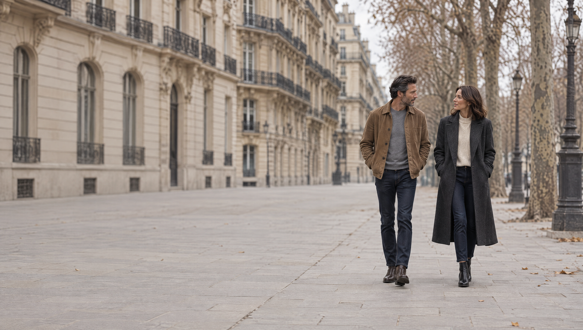 Couple en manteau et veste d'automne sur un boulevard parisien