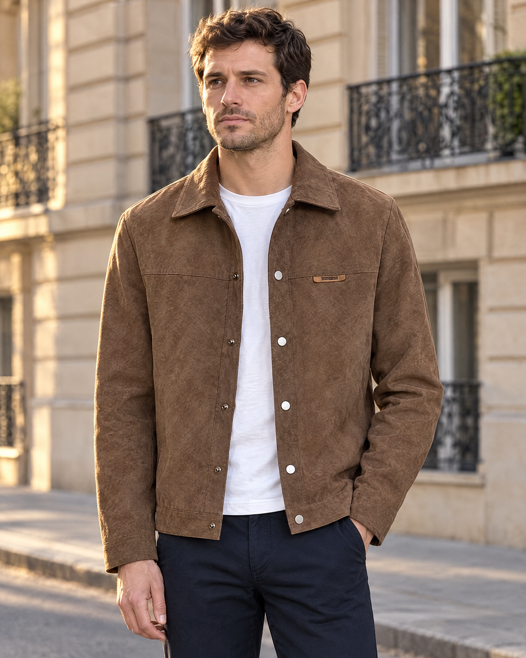 La veste Bastien en marron portée ouverte sur un tee-shirt blanc, plan vertical dans une rue parisienne