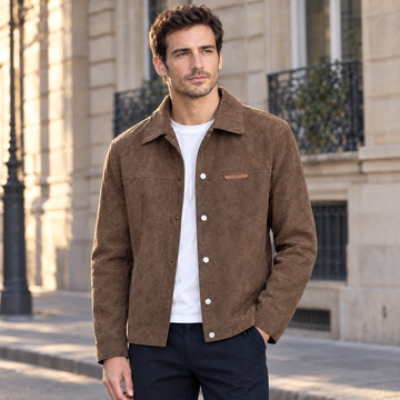 La veste Bastien en marron, col chemise ouvert sur un tee-shirt blanc, dans une rue parisienne
