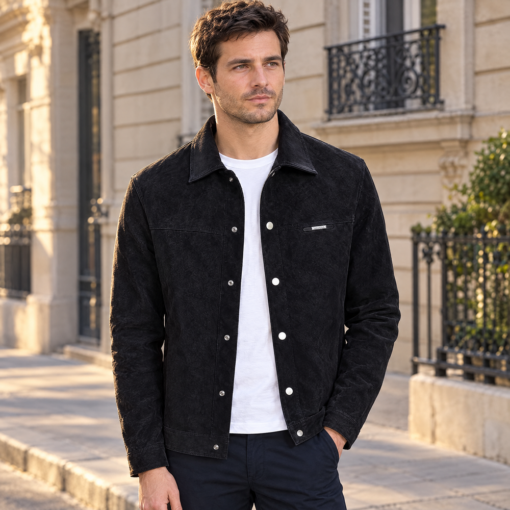 La veste Bastien en noir, col chemise ouvert sur un tee-shirt blanc, dans une rue parisienne
