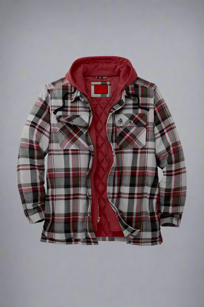 Plaid jacket with red lining on a white background