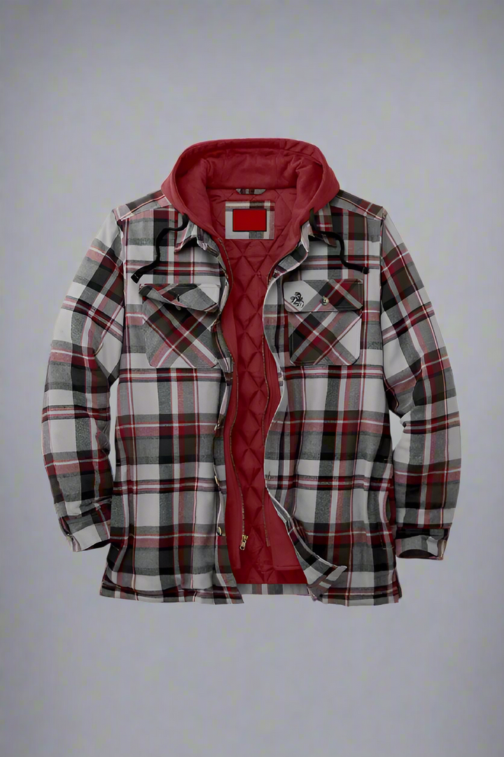 Plaid jacket with red lining on a white background