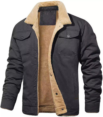 Black jacket with beige fleece lining on a white background