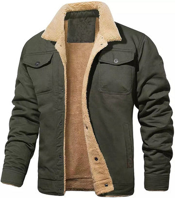 Green jacket with beige fleece lining on a white background