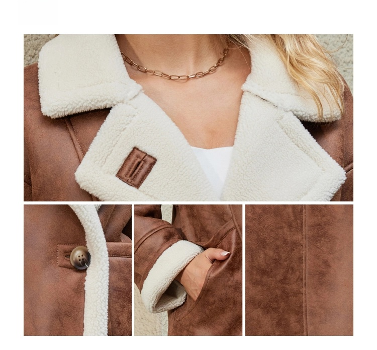 Collage of a brown leather coat with white fur lining, featuring close-up details.