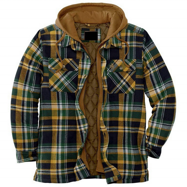 Plaid jacket with brown hood and interior on a white background
