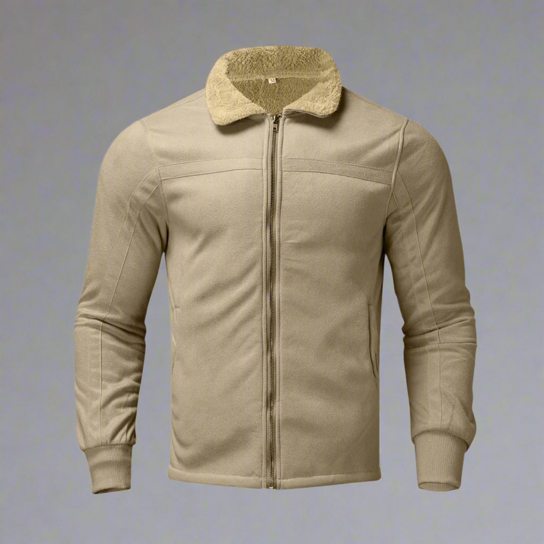 Beige jacket with a fur-lined hood on a gray background