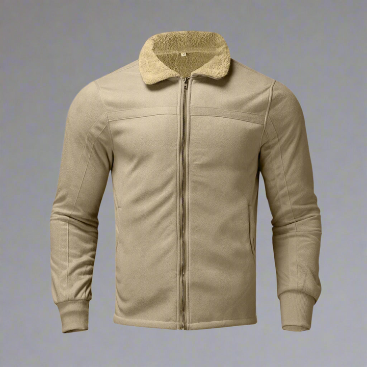 Beige jacket with a fur-lined hood on a gray background