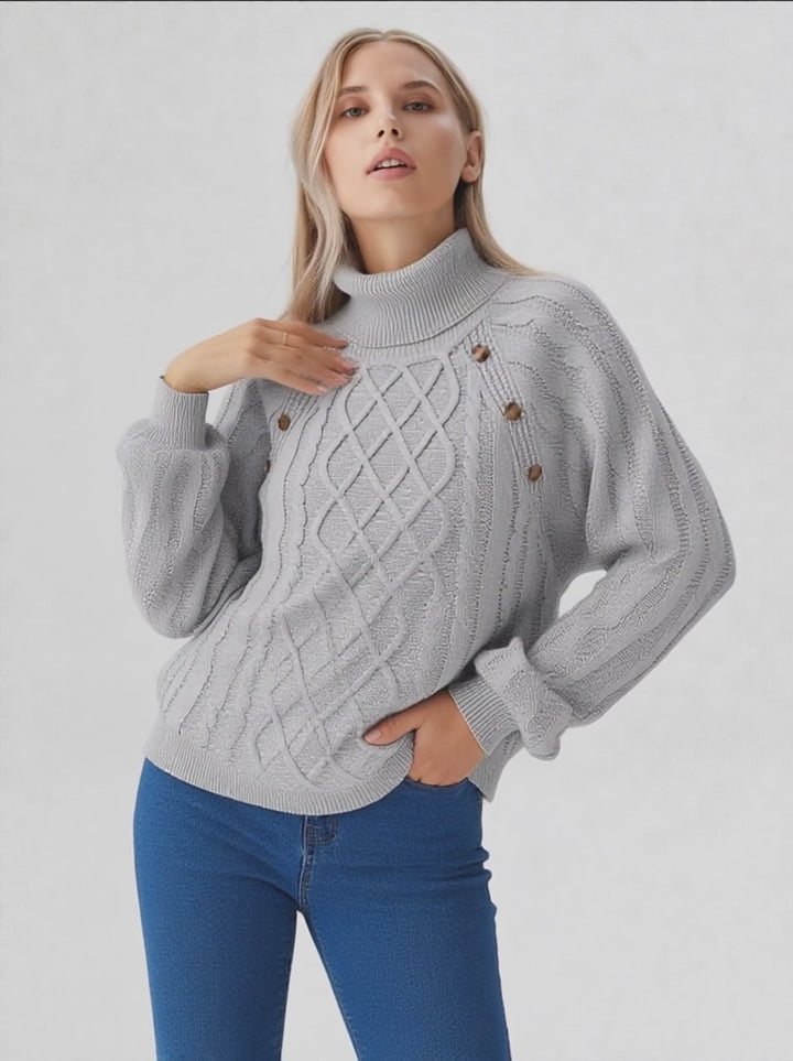 Marceline Button-Knit Turtleneck Sweater
