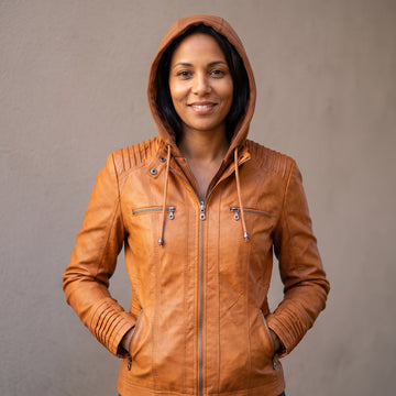 Veste Roxane en simili cuir cognac, capuche