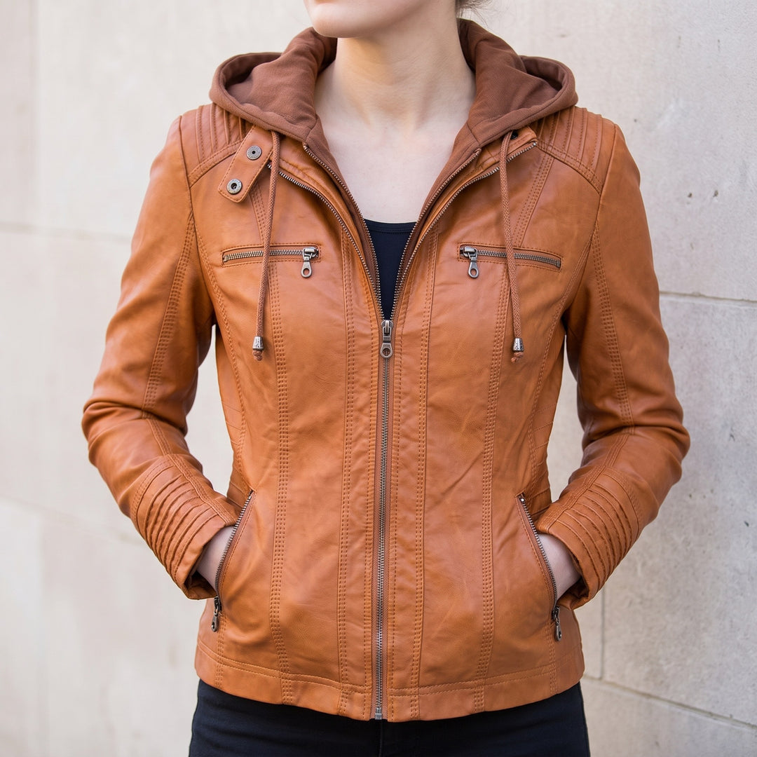 Veste Roxane cognac, capuche baissée